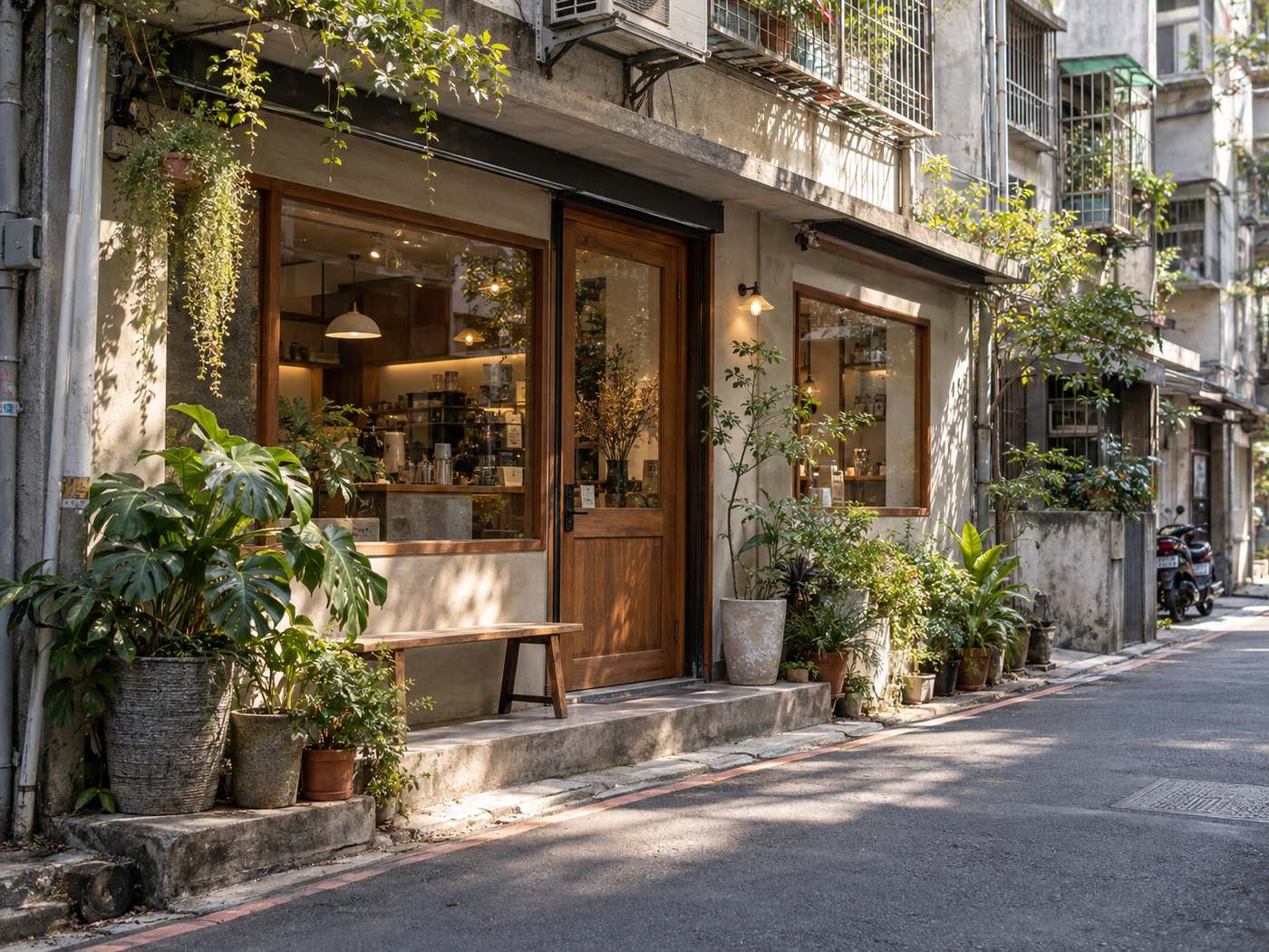 巷光咖啡的店面：午後的陽光斜照在木門、長凳與窗邊的盆栽上