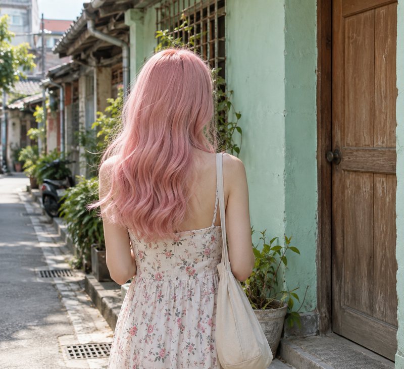 示範圖：肩下長髮，粉色